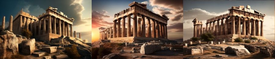 Acropolis Athen Griechenland: Eine Anhöhe, die von antiken griechischen Gebäuden wie dem Parthenon, dem Erechtheion und dem Propyläen umgeben ist. (c) 2023 Midjourney AI, Lizenz: CC BY-NC 4.0
