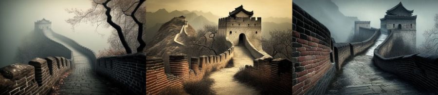 Chinesische Mauer China: Eines der sichtbarsten Wahrzeichen Chinas und ein Bauwerk, das als Symbol für die chinesische Geschichte und Kultur gilt. (c) 2023 Midjourney AI, Lizenz: CC BY-NC 4.0