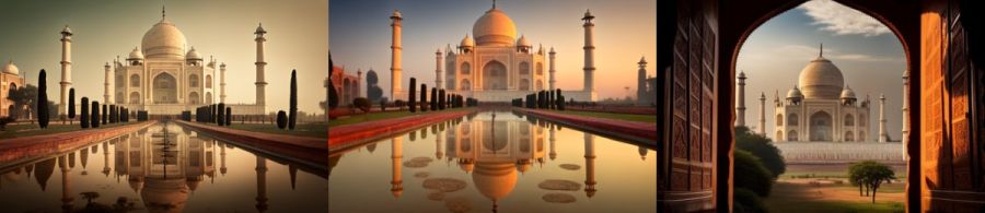 Taj Mahal Agra Indien: Ein Mausoleum aus weißem Marmor, das als eines der schönsten Beispiele islamischer Architektur und eines der schönsten Bauwerke der Welt gilt. (c) 2023 Midjourney AI, Lizenz: CC BY-NC 4.0