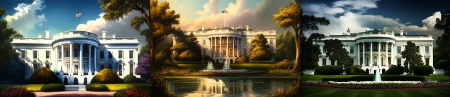 The White House Washington D.C. USA: Das Amtssitz des US-Präsidenten und eines der bekanntesten Wahrzeichen der USA. (c) 2023 Midjourney AI, Lizenz: CC BY-NC 4.0