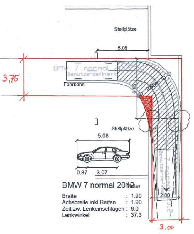Bild zum BAU-Forumsbeitrag: Fahrradius PKW Einfahrt / 90 Grad Kurve im Forum Bauplanung / Baugenehmigung