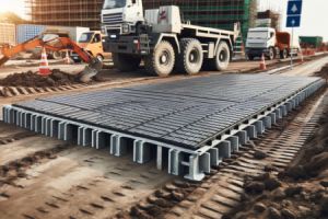 Eine Fahrbahnplatte ist ein robustes, tragfähiges Bauelement, das vorübergehend auf Baustellen oder temporären Wegen eingesetzt wird, um den Untergrund zu schützen und eine stabile Fahrfläche zu gewährleisten.